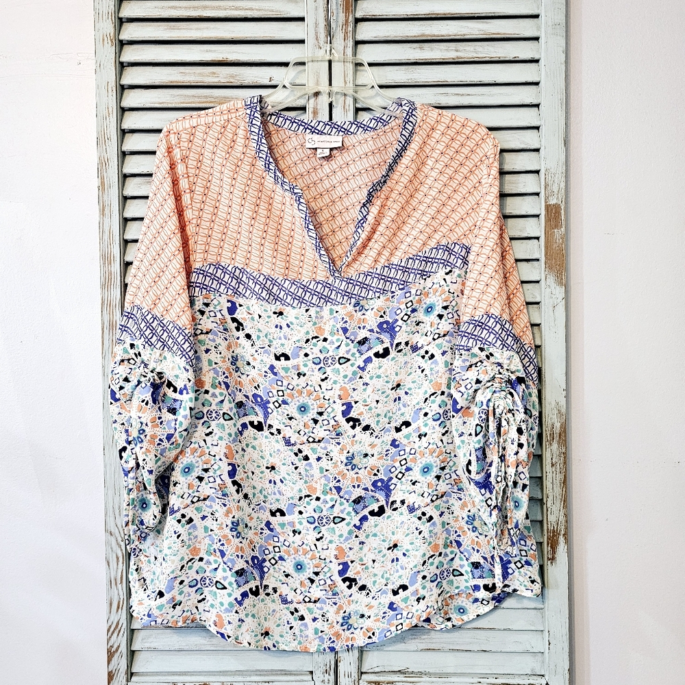 DB ESTABLISHED 1962 RUCHED SLEEVE BOHO TUNIC Womens Orange/Blue L Peasant V-Neck
